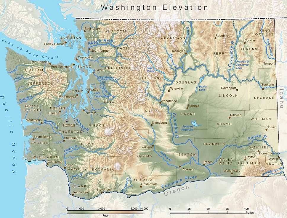 Washington state Elevation Map: Credit Esri