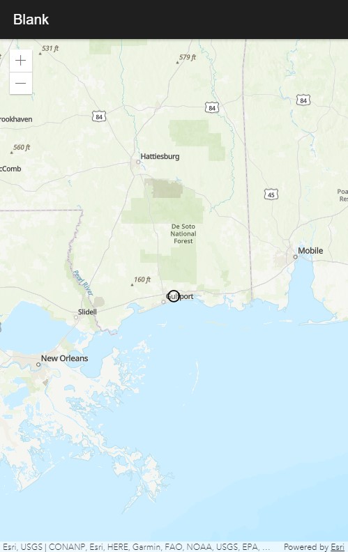 Screenshot of mapping application. The map is centered on Gulfport, Mississippi, where GEO Jobe's development team is located. There is a black circle on the map, indicating the location of the user of the application.