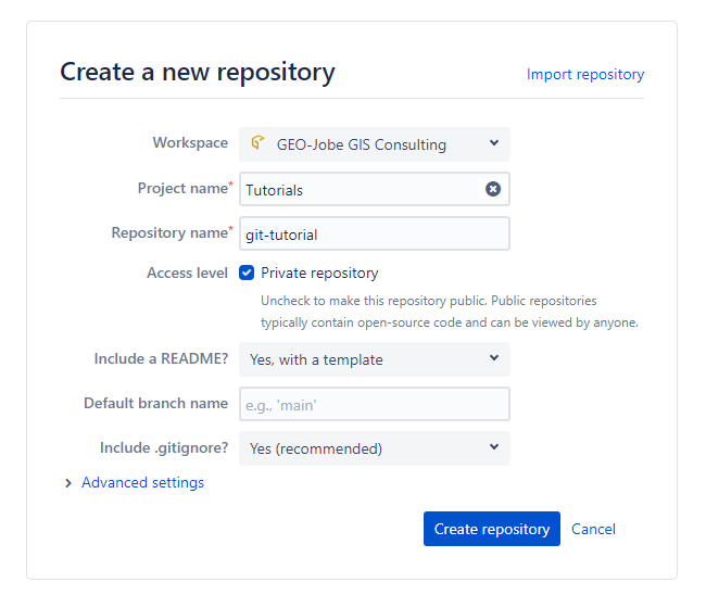 A screenshot of the create repository screen on Bitbucket. Users assign a workspace, project name, repository name, whether the repository is public or private, whether or not to include a README, the default branch name, and whether or not to include a .gitignore file.
