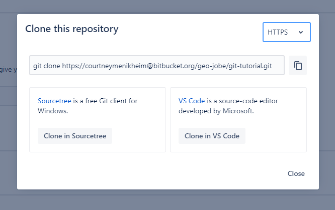 This screenshot displays the modal with information for cloning the repository. In the center of the modal is a text string with the necessary command for cloning the repository.