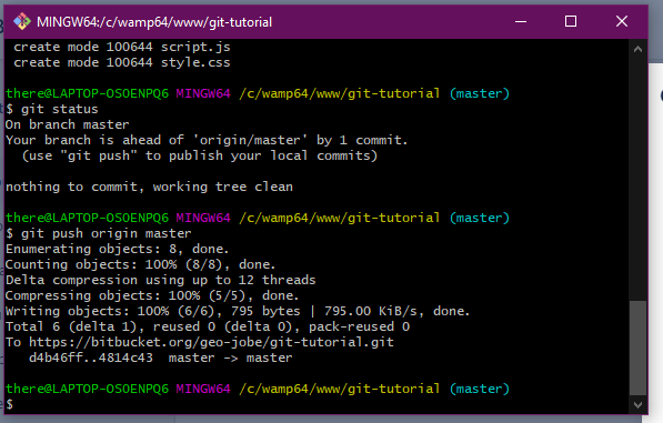 Screenshot of the Git Bash terminal when the user has issued the 'git push origin master' command. The push was applied successfully, and the terminal is now waiting for a new command.