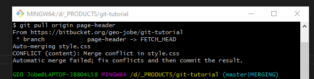 Screenshot of the Git Bash terminal. The user entered 'git pull origin page-header' as a command. The command failed because there is a merge conflict in the style.css file.