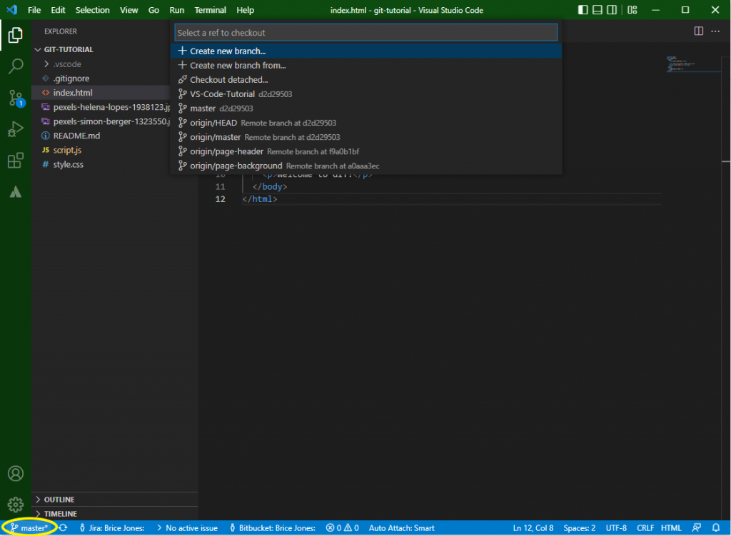 A screenshot of VS Code. In the bottom left of the window, a yellow circle draws attention to a display that shows the currently selected branch is the 'master' branch. At the top of the window is an input with a dropdown. The dropdown displays a list of all the possible branches to switch to, as well as options for creating a new branch.