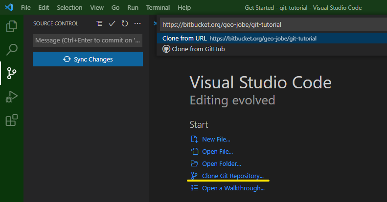Screenshot of Visual Studio code. On the right side of the screen is the 'Get Started' page, where the option for 'Clone Git Repository' has been highlighted. On the left side of the screen, the Source Control Panel is open. At the top of the screen, an input with a dropdown is visible. The input has the url for a BitBucket repository in it, and the currently selected option in the dropdown is 'Clone from URL'.