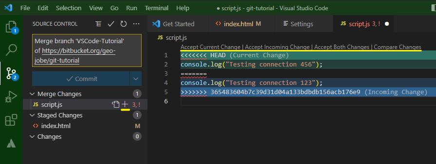 A screenshot of VS code. One file is open, with the merge conflicts displayed on different lines in the same document.