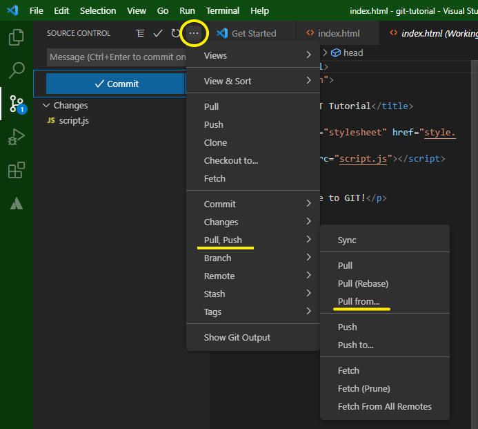 A screenshot of VS code. An additional menu has been opened from the Source Control panel. It displays a dropdown with several options. The option 'Pull, Push' has been highlighted. This opens an additional menu, with 'Pull from....' highlighted.