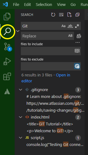 A VS Code screenshot with the Search panel open and advanced search expanded. Users can search every file in a project for a phrase. They can also choose files to include or exclude.