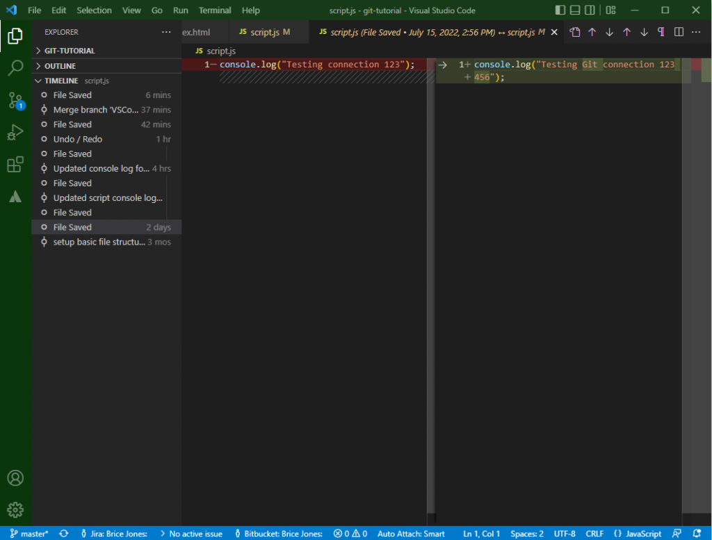 A VS Code screenshot. The 'Explorer' panel is open, and the Timeline option is active. It shows all the changes that have happened to the file. In the working area are two different versions of the 'script.js' file, showing how they have changed between two different points in time.