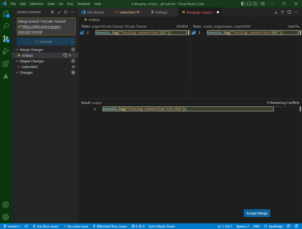 A screenshot of VS Code. The working area is divided into three sections. At the top, two different versions of the same file are open, with their merge conflicts displayed. The bottom have of the working area is a section called "Result". It shows what the result of the merge edits will be.