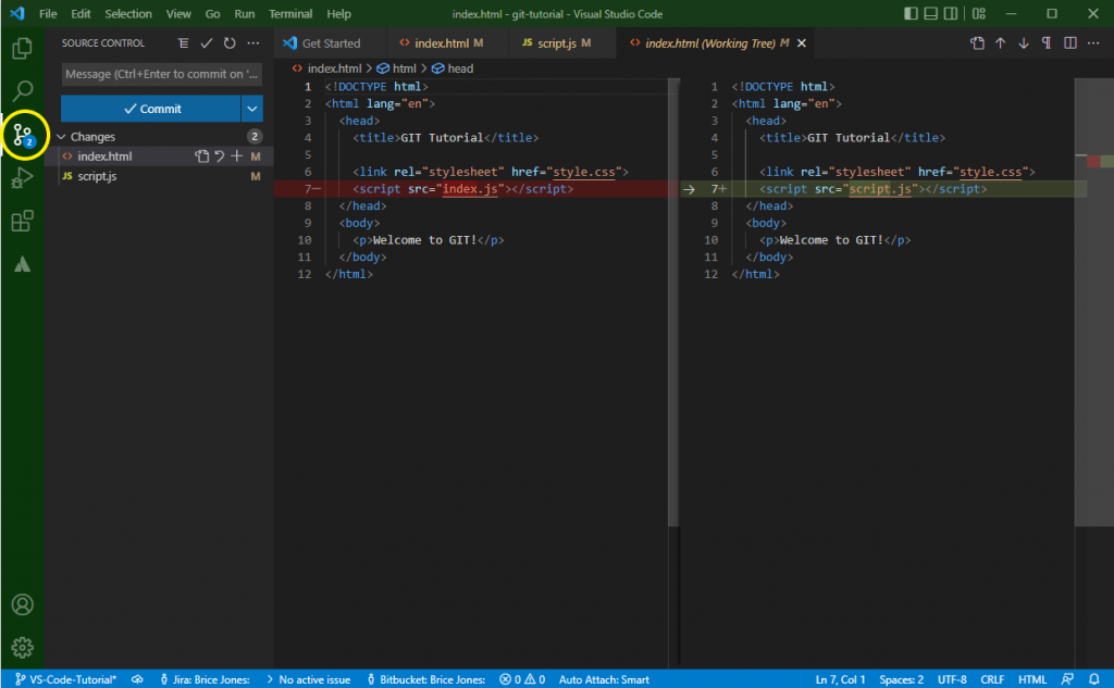 A screenshot of VS Code. On the far left is a toolbar with a yellow circle around the symbol for the Source Control panel. In the center of the window is two versions of an 'index.html' file. On the left, the line connecting the file to a script index.js is highlighted. On the right, the same line is also highlighted, but it is connecting to 'script.js'. These lines are highlighted because the software can tell they are different, but isn't sure which one is "correct".