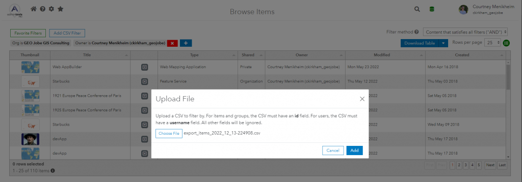 Image displaying the upload screen for a CSV file that will be used to filter the displayed content in Admin Tools for ArcGIS.