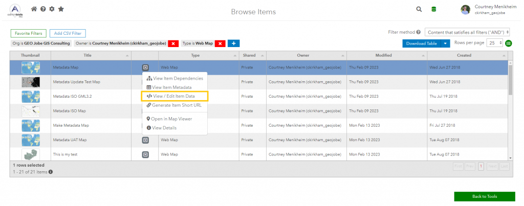 An image of the 'Browse Items' page in Admin Tools for ArcGIS. A table is displayed with information about several items. The third column on each row features a button with a drop-down arrow. Upon clicking it, a menu appears with several options. In the screenshot, a gold rectangle highlights the 'View / Edit Item Data' option