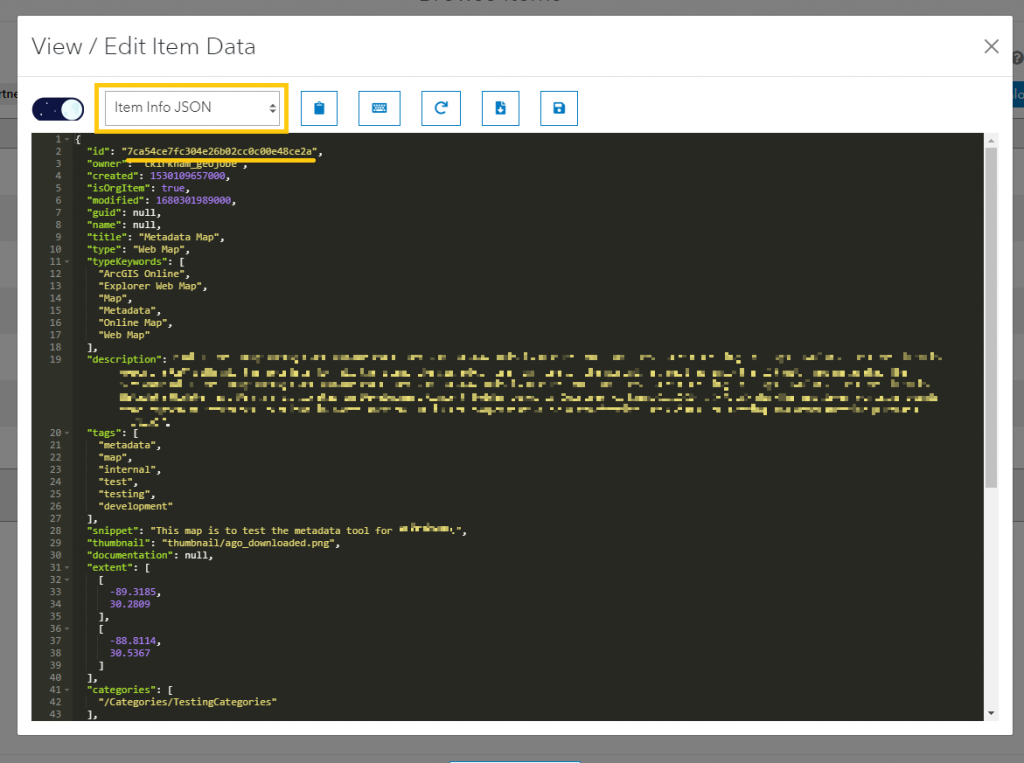 A screenshot of the 'View / Edit Item Data' modal. Most of the screen is a text-editor with the Item Info Json. Above the text editor are various controls, including a select box for shifting the content displayed in the text editor. A gold box highlights this select box. Within the text editor, one of the properties displayed is the item's id. A gold bar underlines this property.