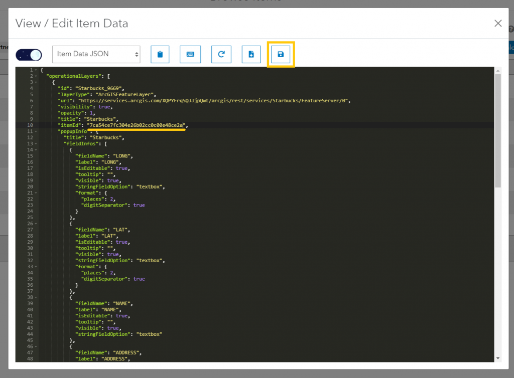 A screenshot of the 'View / Edit Item Data' modal with the 'Item Data JSON' displayed. The 1st property is an array of operational layers for the web map. The layer titled 'Starbucks' has an itemId property underlined with a gold bar. The value for the itemId is the same as the item id property for the web map. This is what is causing the error, as the web map thinks it is its own layer. Among the various controls above the text editor, a button with a 'save' icon is highlighted with a gold box.