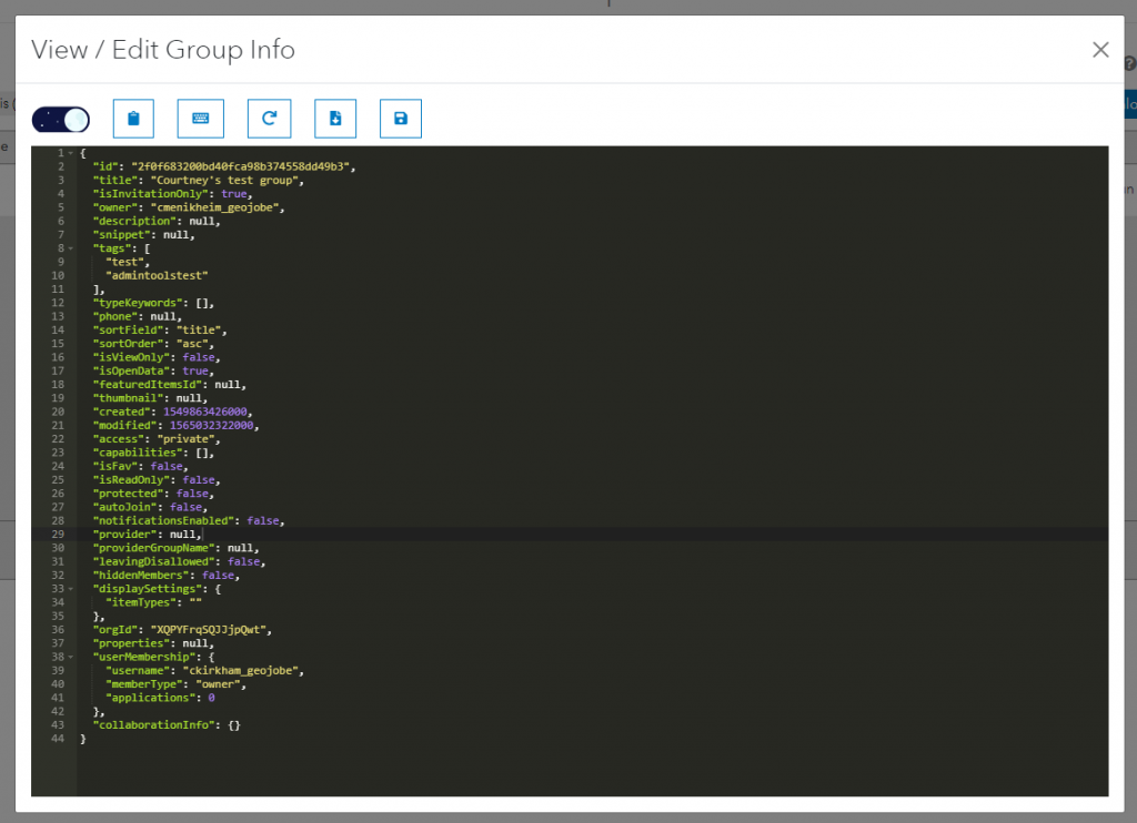 Screenshot of the "View / Edit Group Info" modal. A text editor displays the JSON information for a group, including its id, title, and various other properties.