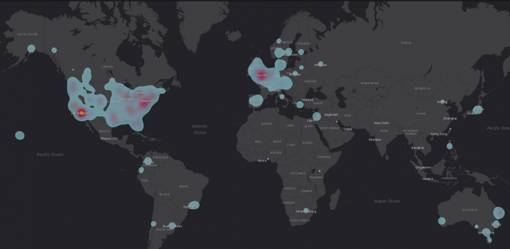A map of GEO Jobe's customers around the globe. The customers are displayed as a clustered "hot spot" map.