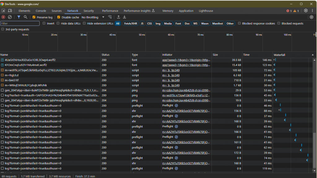 Screenshot of the developer tools. The current web page is Google.com. The row of tabs at the top of the window show the current display is the 'Network' tab. A table is displayed in the tab. On the left is a list of various network calls. The next column displays their status. Then the type of call, initiator, size, and time for response (in milliseconds). The final column is called "Waterfall" and is used as a visual indicator of the speed in which calls are generated and received.