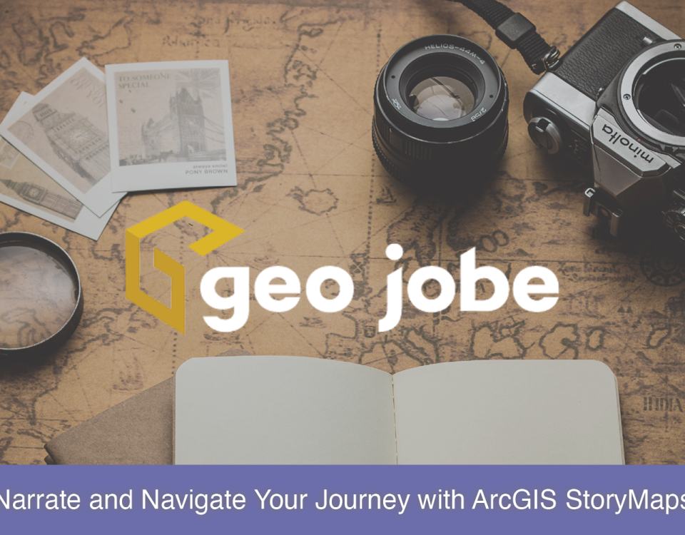 GEO Jobe logo against backdrop of vintage map that reads, "Narrate and Navigate Your Journey with ArcGIS StoryMaps