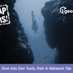 A diver gracefully navigates between two rocky formations underwater. On the left, the MapThis blog logo is displayed, while on the right, the GEO Jobe logo is visible. At the bottom, the title of the blog post reads: 'Dive Into Dev Tools, Part 4: Network Tab'.