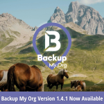 A scenic mountain landscape with a group of brown horses grazing in the foreground. Overlaid in the center is the Backup My Org logo, a stylized “B” inside a purple map pin, with the text "Backup My Org" below it. At the bottom, a purple banner reads: “Backup My Org Version 1.4.1 Now Available” with the GEO Jobe logo on the left.