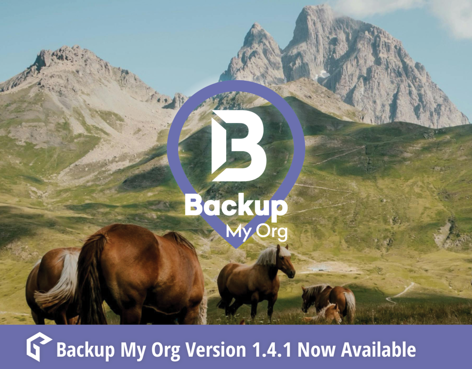 A scenic mountain landscape with a group of brown horses grazing in the foreground. Overlaid in the center is the Backup My Org logo, a stylized “B” inside a purple map pin, with the text "Backup My Org" below it. At the bottom, a purple banner reads: “Backup My Org Version 1.4.1 Now Available” with the GEO Jobe logo on the left.