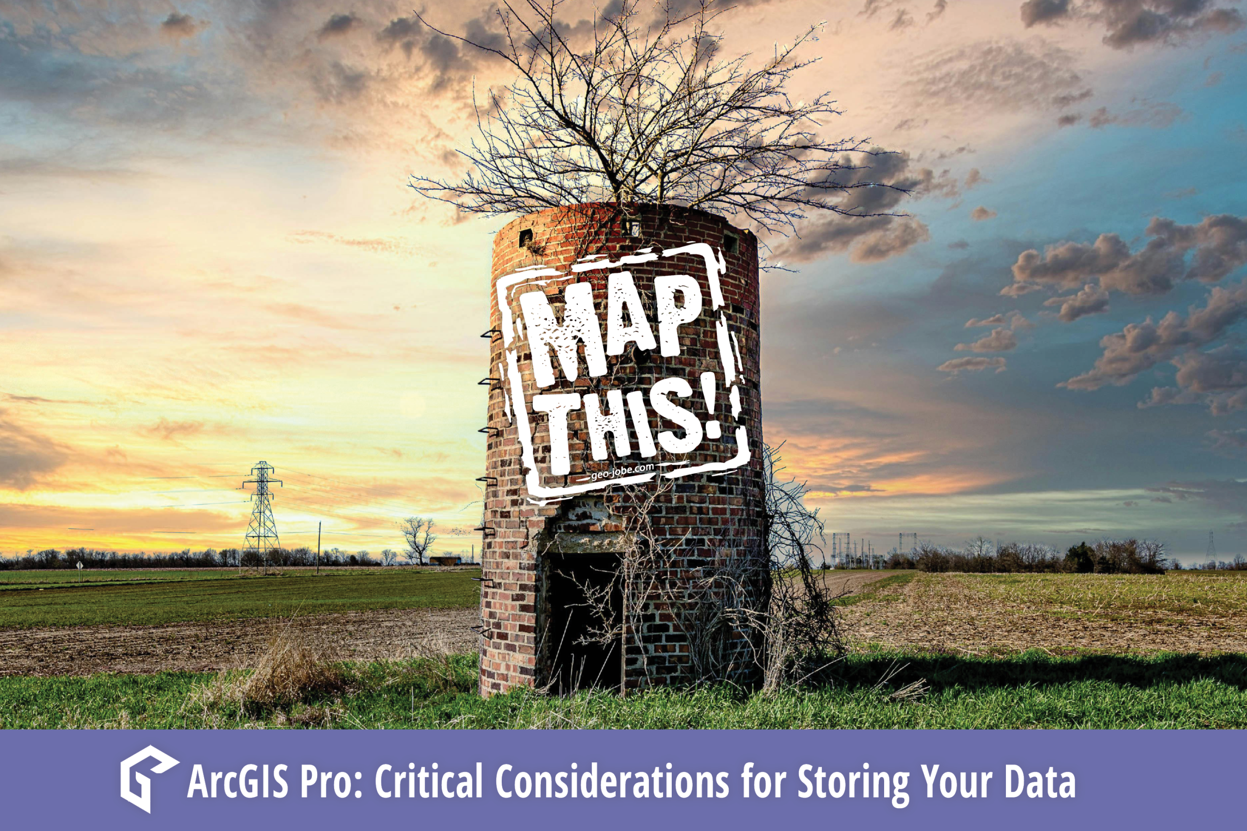 A brick silo with a tree growing out of the top stands in an open field under a dramatic sunset sky. The words “MAP THIS!” are boldly stamped across the silo. At the bottom, a purple banner reads: "ArcGIS Pro: Critical Considerations for Storing Your Data" with the GEO Jobe logo.
