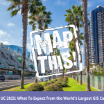 View of the San Diego Convention Center lined with palm trees under a blue sky, with downtown high-rises in the background. Overlaid text reads "MAP THIS! geo-jobe.com." A purple banner at the bottom says, "Esri UC 2025: What To Expect from the World's Largest GIS Conference," with the GEO Jobe logo on the left.