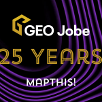 GEO Jobe 25 Years MAPTHIS! graphic with gold text on a black background featuring flowing purple wave patterns.