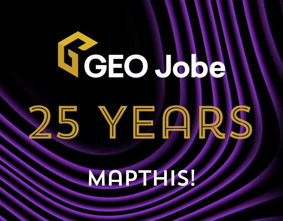 GEO Jobe 25 Years MAPTHIS! graphic with gold text on a black background featuring flowing purple wave patterns.