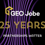 GEO Jobe 25 Years Partnerships Matter graphic featuring the GEO Jobe logo above gold text reading “25 Years” and white text reading “Partnerships Matter” on a black background with flowing purple lines.