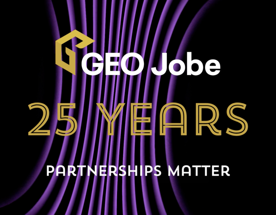GEO Jobe 25 Years Partnerships Matter graphic featuring the GEO Jobe logo above gold text reading “25 Years” and white text reading “Partnerships Matter” on a black background with flowing purple lines.