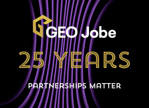 GEO Jobe 25 Years Partnerships Matter graphic featuring the GEO Jobe logo above gold text reading “25 Years” and white text reading “Partnerships Matter” on a black background with flowing purple lines.