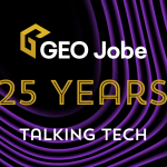 GEO Jobe 25 Years Talking Tech graphic. The design features the GEO Jobe logo in gold and white at the top, large gold text reading '25 Years' in the center, and white text reading 'Talking Tech' below. The background is black with flowing purple wave-like lines.