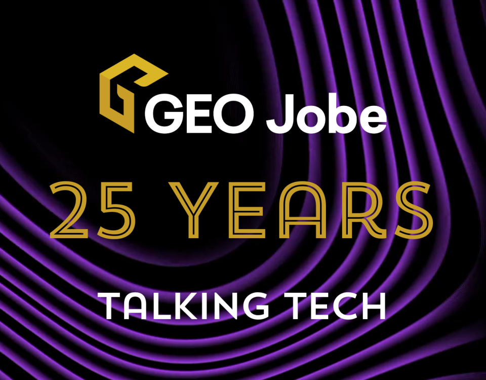 GEO Jobe 25 Years Talking Tech graphic. The design features the GEO Jobe logo in gold and white at the top, large gold text reading '25 Years' in the center, and white text reading 'Talking Tech' below. The background is black with flowing purple wave-like lines.