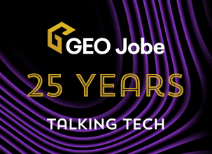 GEO Jobe 25 Years Talking Tech graphic. The design features the GEO Jobe logo in gold and white at the top, large gold text reading '25 Years' in the center, and white text reading 'Talking Tech' below. The background is black with flowing purple wave-like lines.