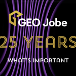 GEO Jobe 25 Years Partnerships Matter graphic featuring the GEO Jobe logo above gold text reading “25 Years” and white text reading “What's Important” on a black background with flowing purple lines.