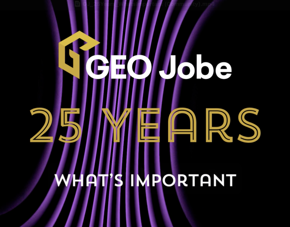 GEO Jobe 25 Years Partnerships Matter graphic featuring the GEO Jobe logo above gold text reading “25 Years” and white text reading “What's Important” on a black background with flowing purple lines.