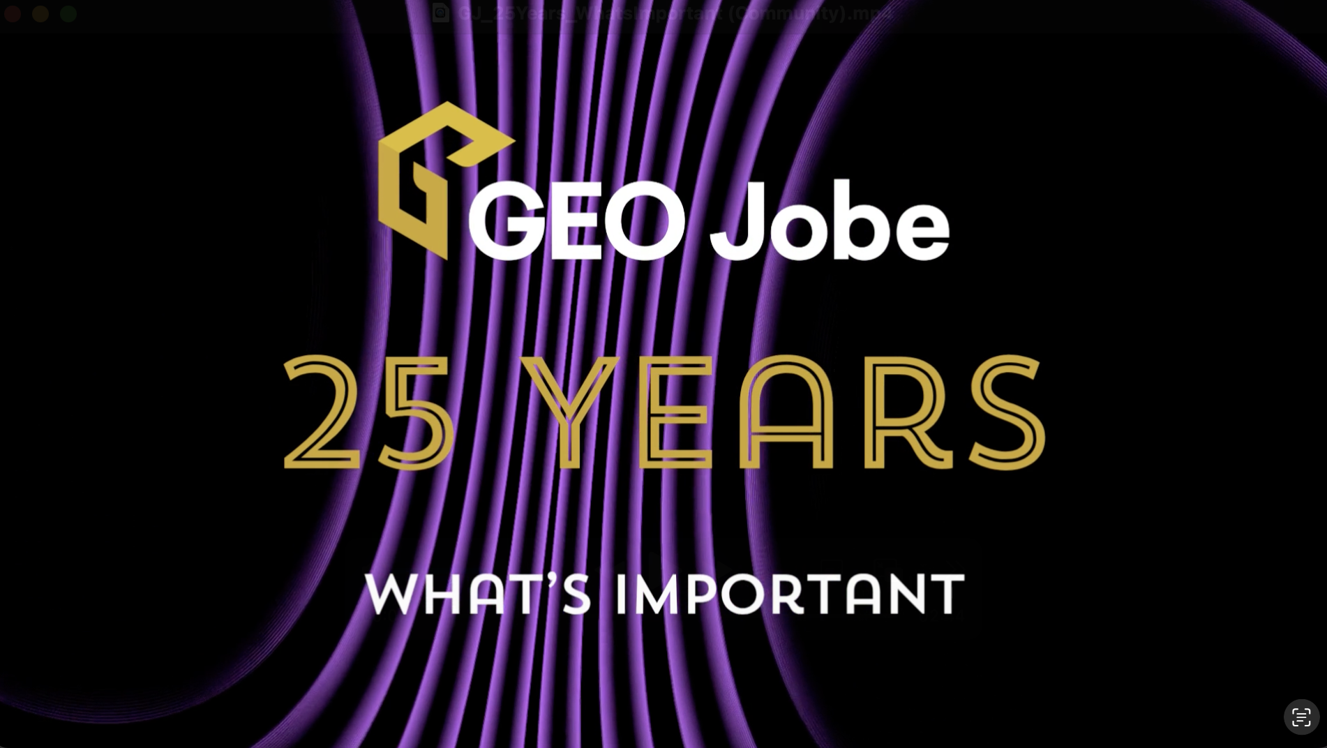 GEO Jobe 25 Years Partnerships Matter graphic featuring the GEO Jobe logo above gold text reading “25 Years” and white text reading “What's Important” on a black background with flowing purple lines.