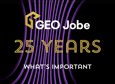 GEO Jobe 25 Years Partnerships Matter graphic featuring the GEO Jobe logo above gold text reading “25 Years” and white text reading “What's Important” on a black background with flowing purple lines.