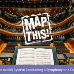 A white MapThis logo is overlaid on a personal perspective shot of an empty grand orchestra auditorium, with a conductor's open music book at the bottom center and a purple banner with white map contours depicting the GEO Jobe G icon followed by the words "Is Your ArcGIS System Conducting a Symphony or a Cacophony?"