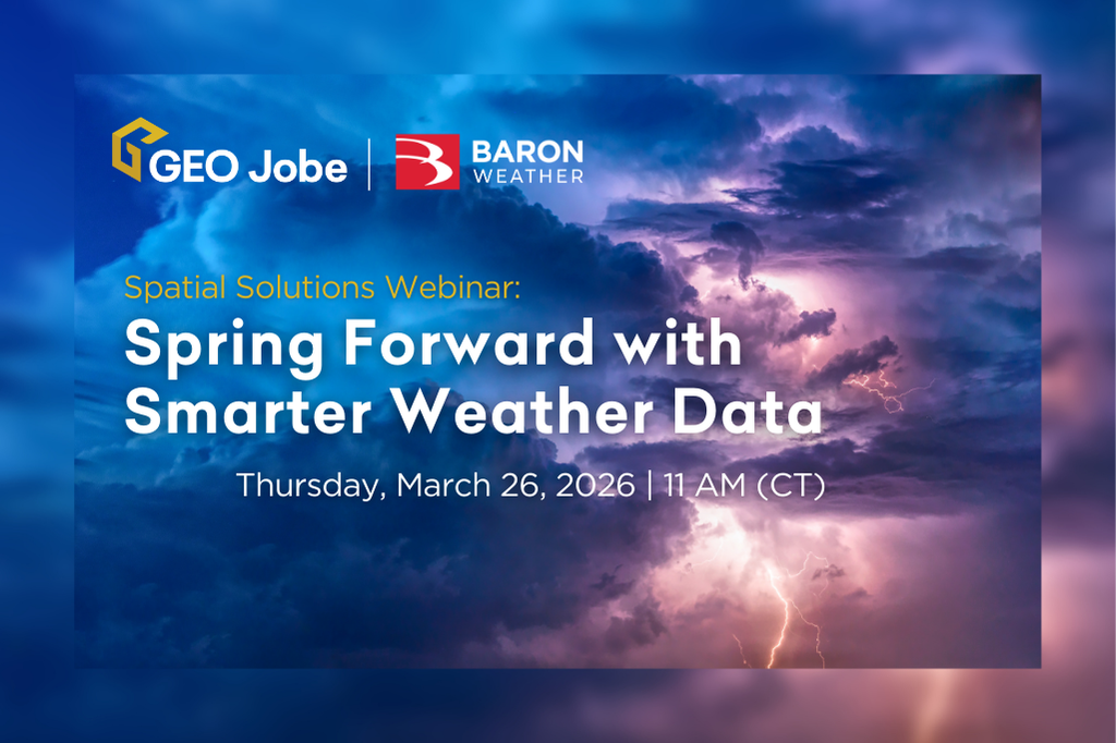 An image for a spatial solutions webinar titled "Spring Forward with Smarter Weather Data," featuring logos for GEO Jobe and Baron Weather. The background shows dramatic, dark storm clouds illuminated by purple and blue light with a visible lightning strike. Event details: Thursday, March 26, 2026, at 11 AM (CST).