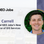 GEO Jobe announces Roy Carrell as its new director of GIS services, with his portrait over a faded waterfront scene beside a purple topographic panel.