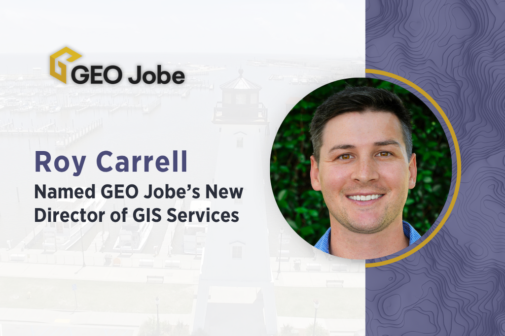 GEO Jobe announces Roy Carrell as its new director of GIS services, with his portrait over a faded waterfront scene beside a purple topographic panel.